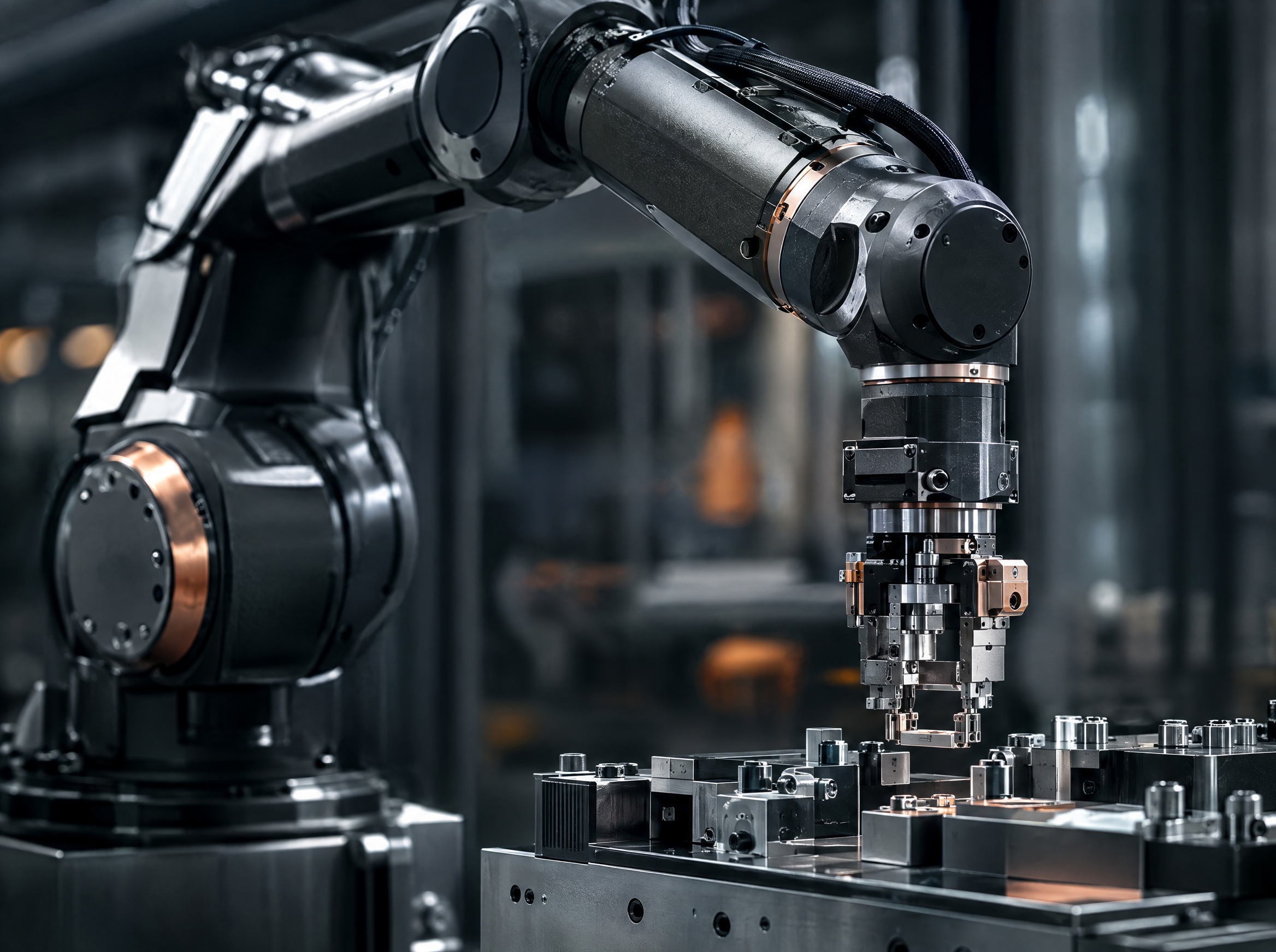 Industrial six-axis robotic arm in a precision cell